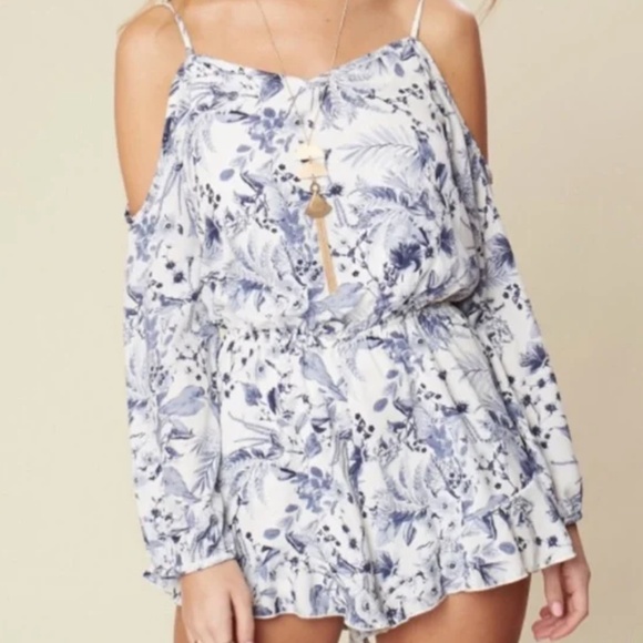 Altar'd State Blue and White Floral Cold Shoulder "Leeia" Romper Size Small - Picture 1 of 8